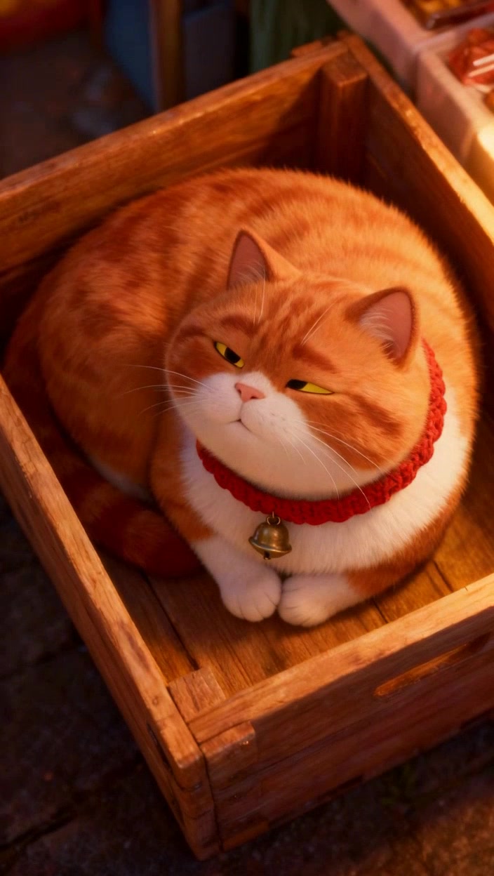 治愈系 3D 萌宠插画,圆滚滚的橘白英短猫蜷缩在做旧木盒中,颈戴红绳铜铃项圈,暖黄色侧光勾勒蓬松毛发的细腻纹理,超写实风格,C4D 渲染,景深效果突出主体,营造温馨治愈的氛围,8K 超高清,杰作
